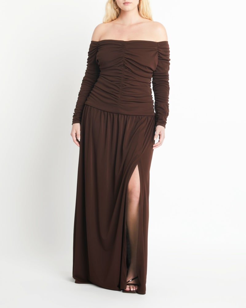 Front of a model wearing a size 20 Marla Dress in MOCHA by Tanya Taylor. | dia_product_style_image_id:283279